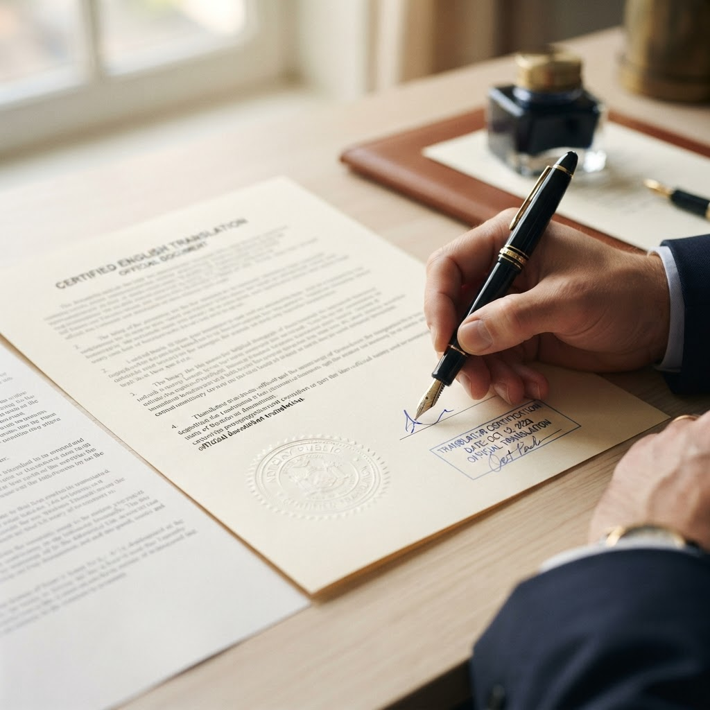 Documento tradotto e asseverato con timbro ufficiale e firma